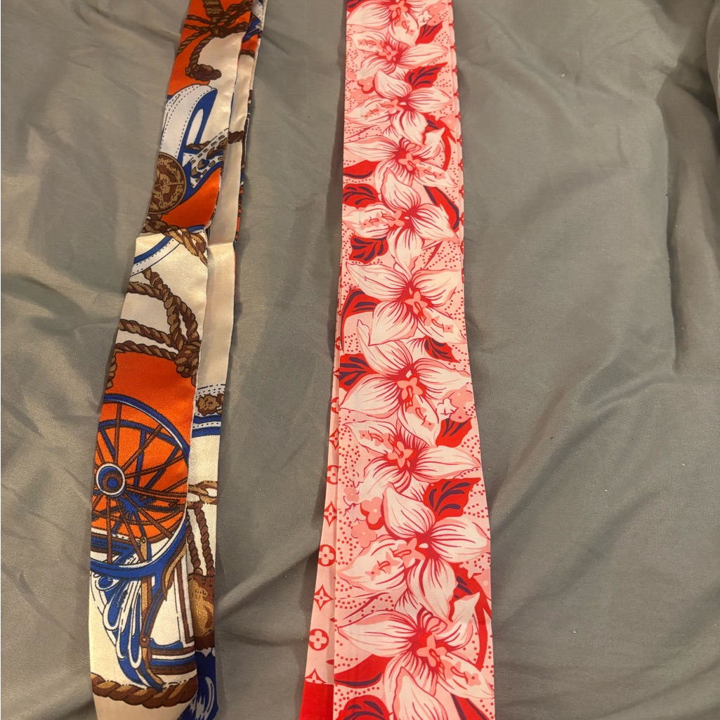 Silk Floral And Nautical Print Skinny Scarves  Pink  Orange